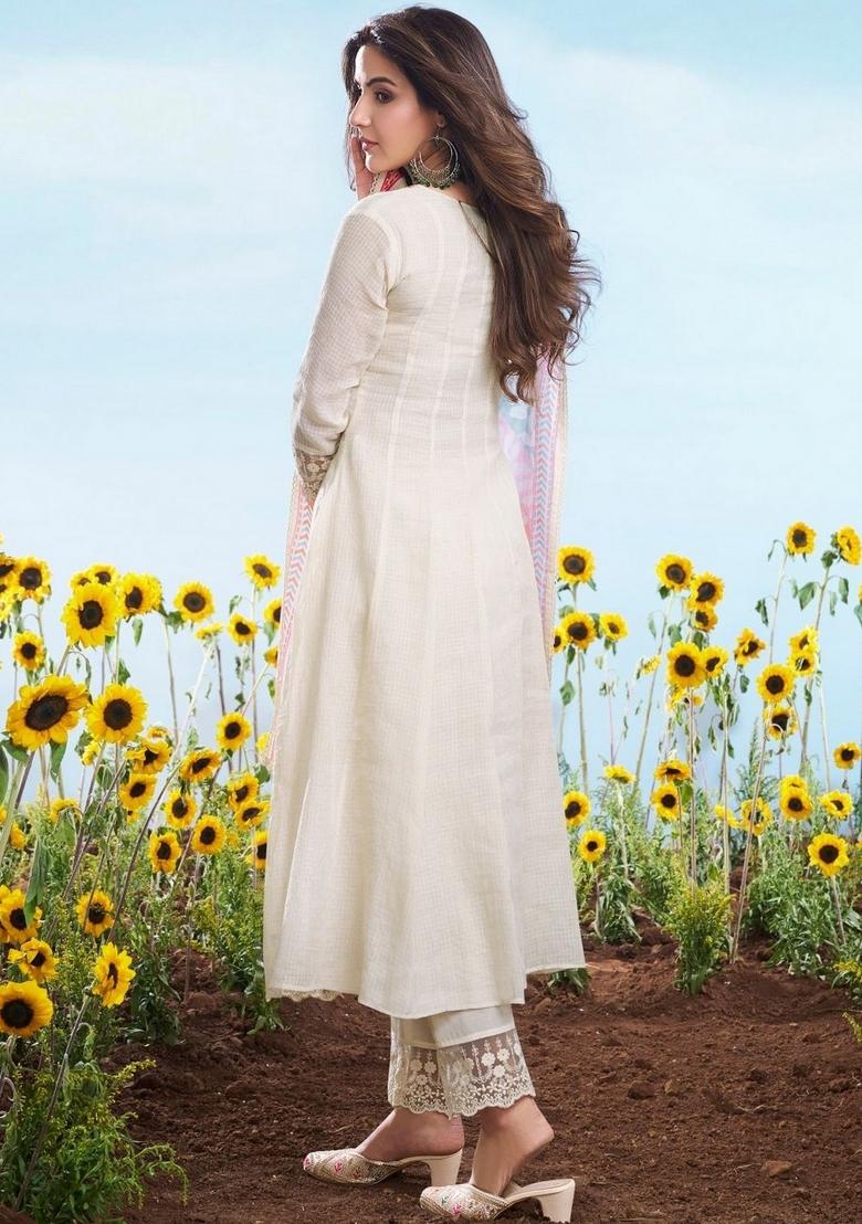 Cream Embroidery Silk Kurta Set - Indya
