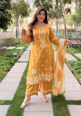 Mustard Embroidery Silk Kurta Set