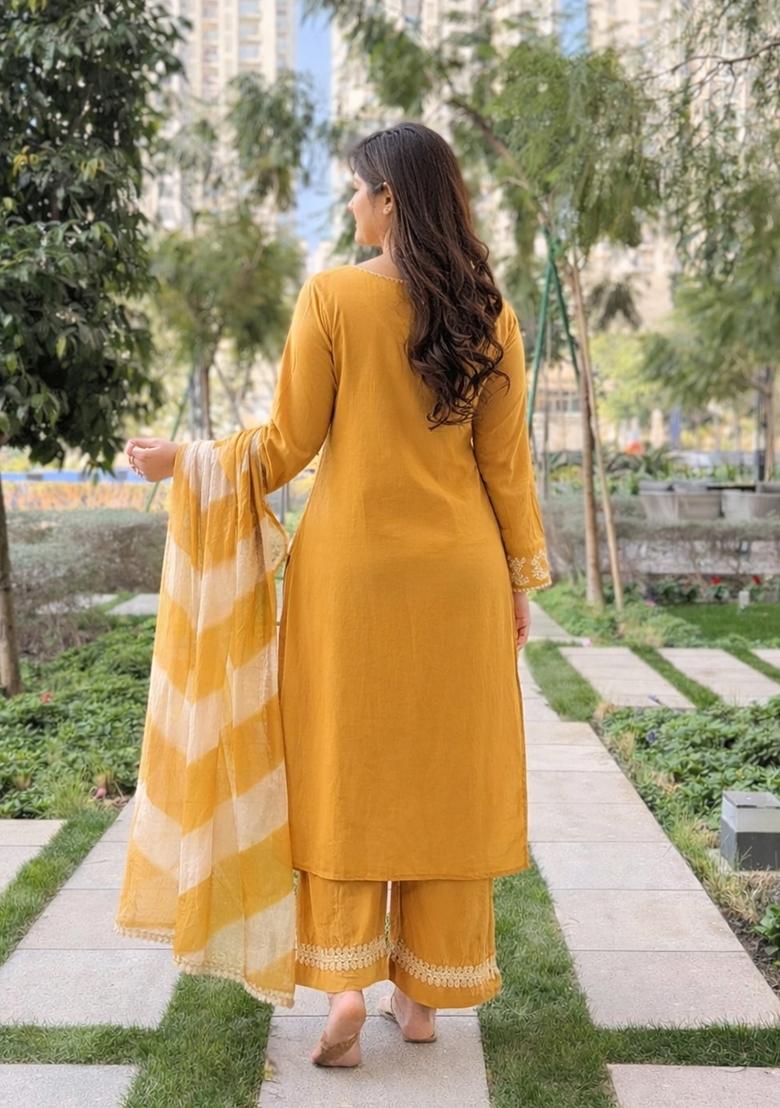 Mustard Embroidery Silk Kurta Set - Indya