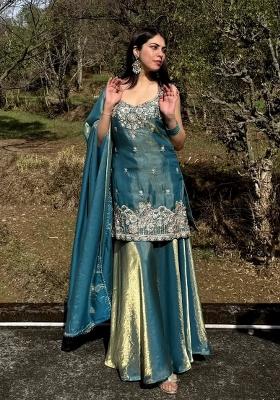 Sky Blue Embroidery Silk Kurta Set