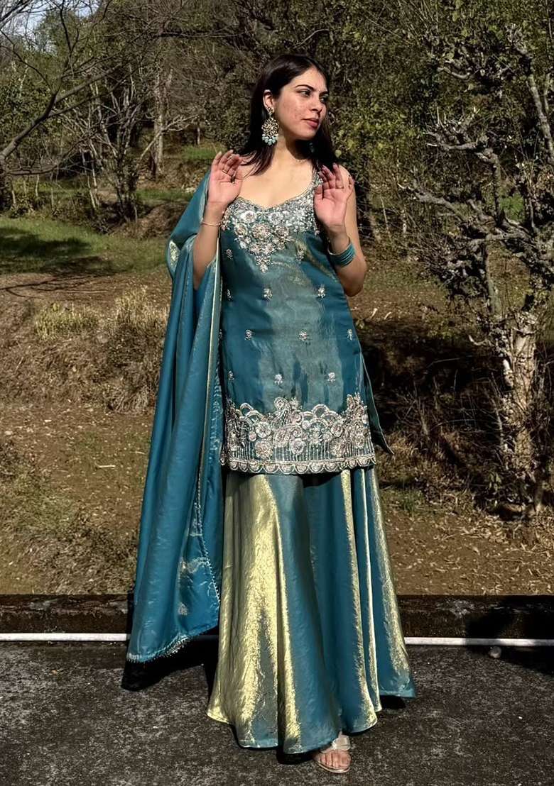 Sky Blue Embroidery Silk Kurta Set - Indya