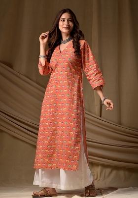 Orange Printed Rayon Kurta Set