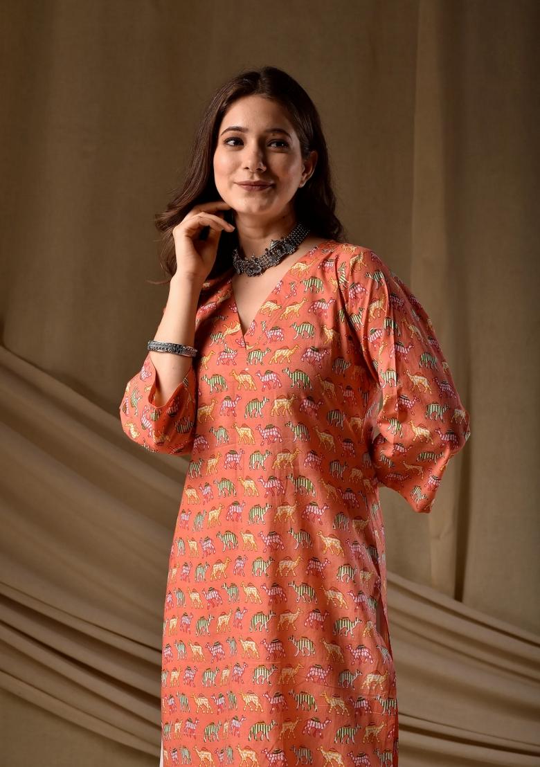 Orange Printed Rayon Kurta Set - Indya