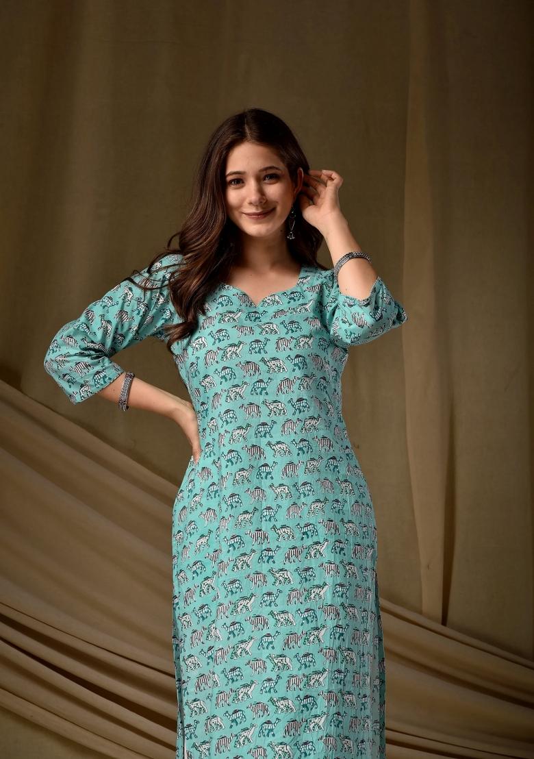 Blue Printed Rayon Kurta Set - Indya