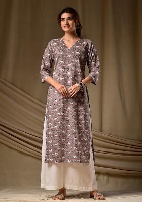 Mauve Printed Rayon Kurta Set