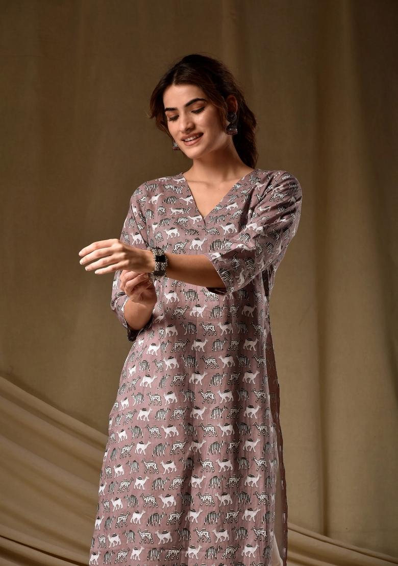 Mauve Printed Rayon Kurta Set - Indya