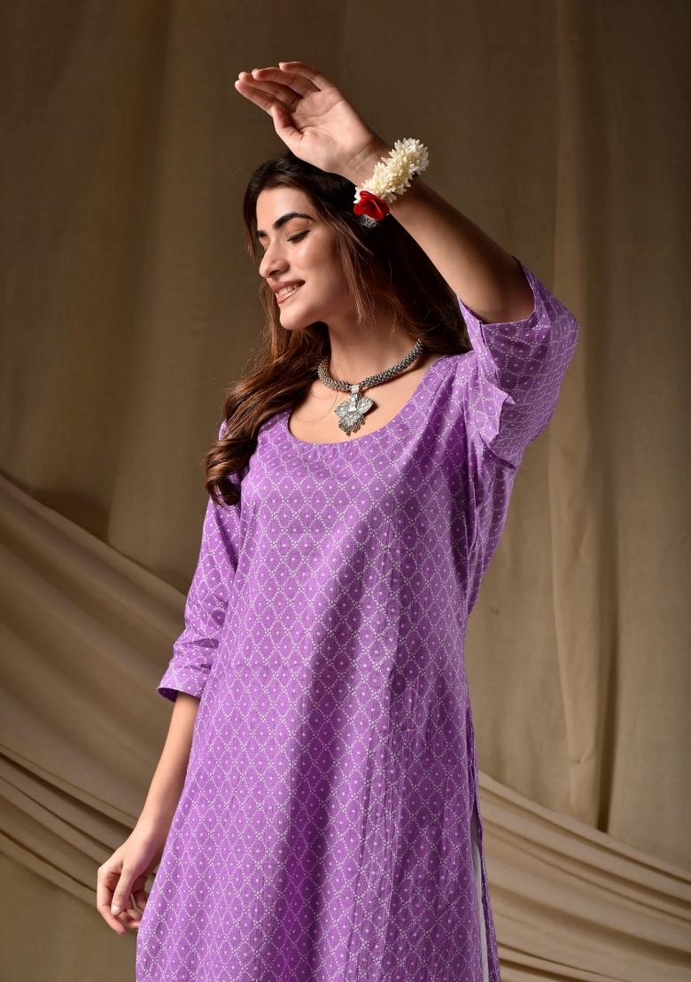 Purple Printed Rayon Kurta Set - Indya
