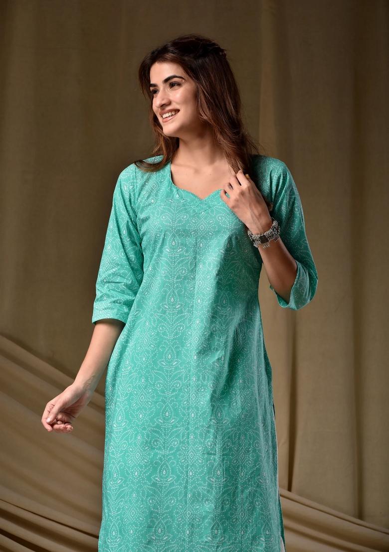 Sea Green Printed Rayon Kurta Set - Indya