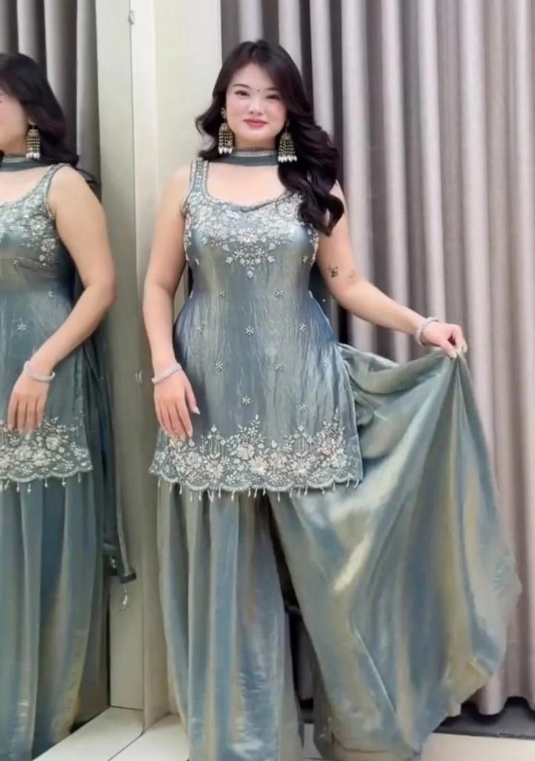 Grey Embroidery Silk Kurta Set - Indya
