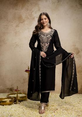 Black Embroidery Silk Kurta Set