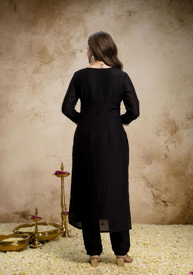 Black Embroidery Silk Kurta Set - Indya
