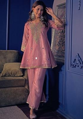 Peach Embroidery Crepe Kurta Set