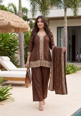 Brown Embroidery Silk Kurta Set