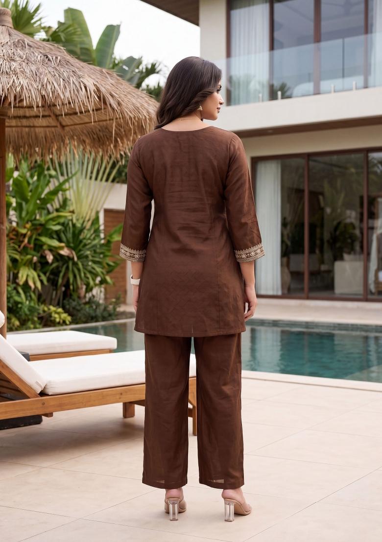 Brown Embroidery Silk Kurta Set - Indya