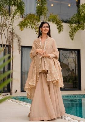 Peach Embroidery Silk Kurta Set