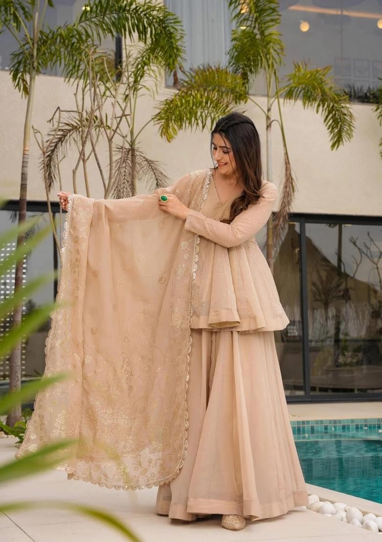 Peach Embroidery Silk Kurta Set - Indya
