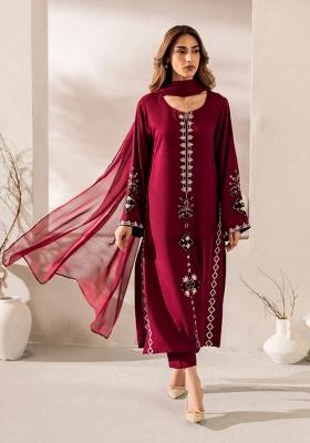 Burgundy Embroidery Chanderi Kurta Set