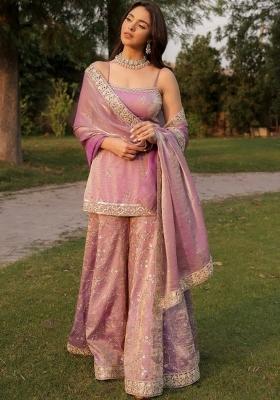 Purple Embroidery Silk Kurta Set