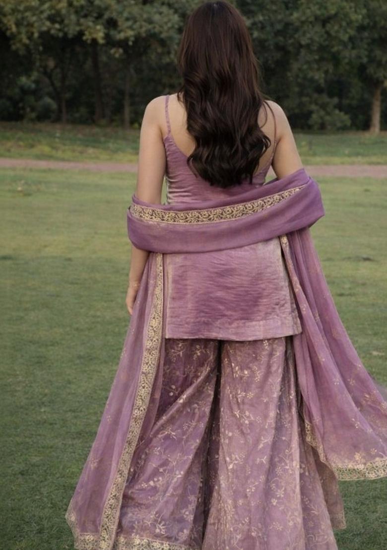 Purple Embroidery Silk Kurta Set - Indya