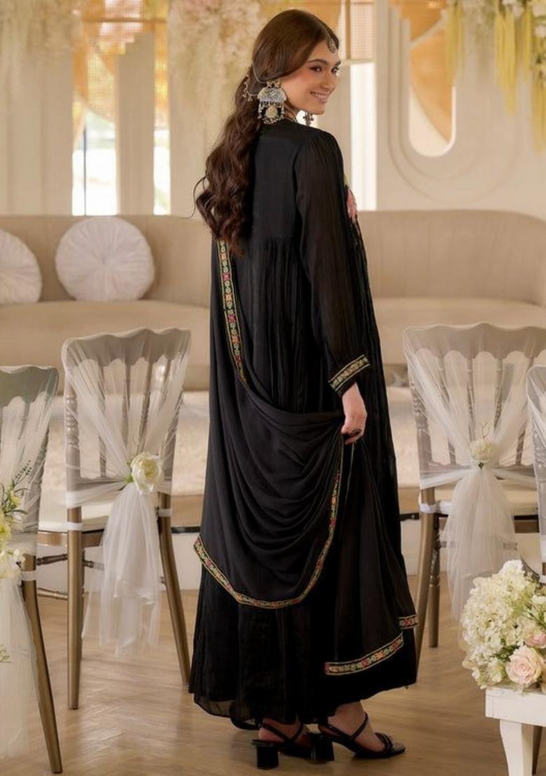 Black Embroidery Georgette Kurta Set - Indya