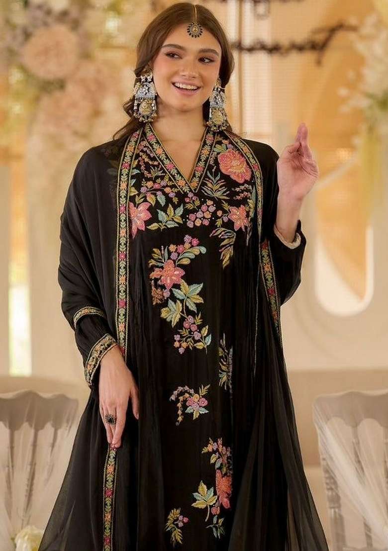 Black Embroidery Georgette Kurta Set - Indya