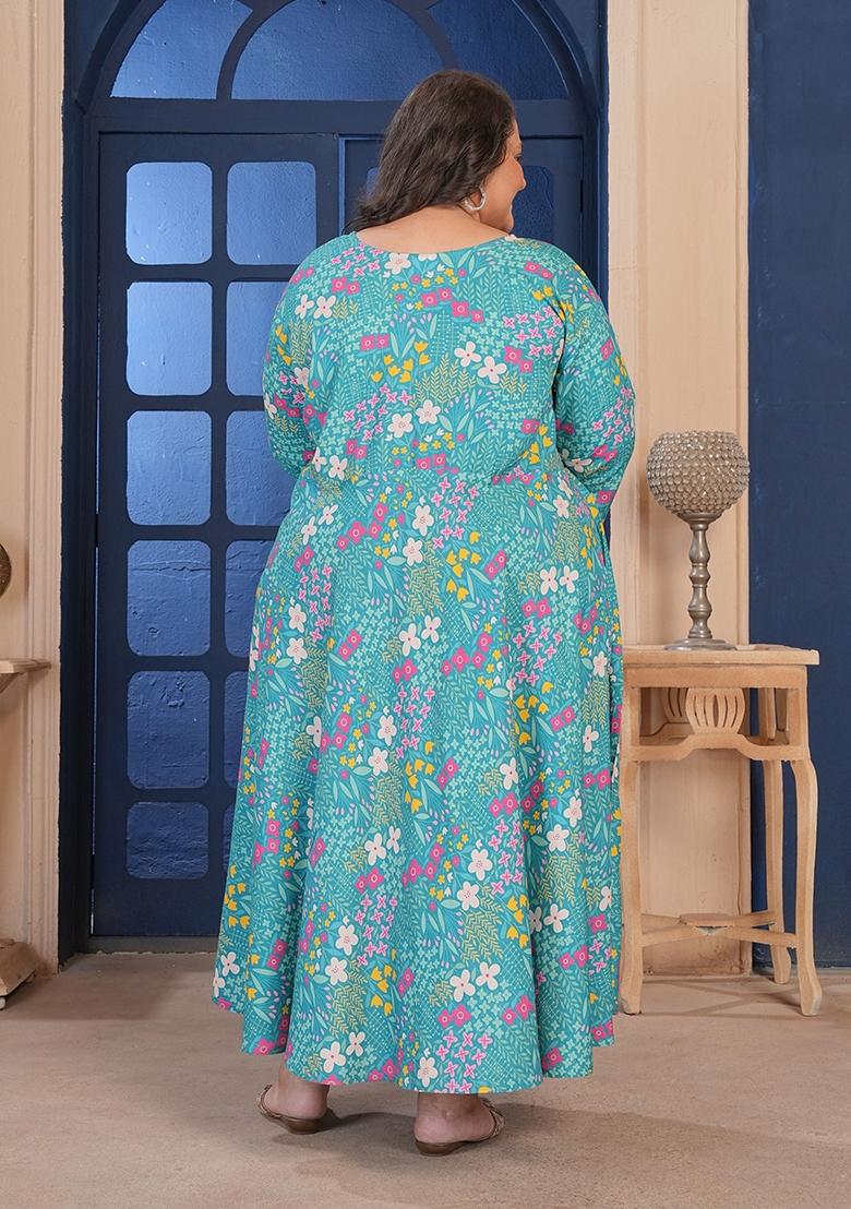 Sea Green Printed Rayon Kurta - Indya