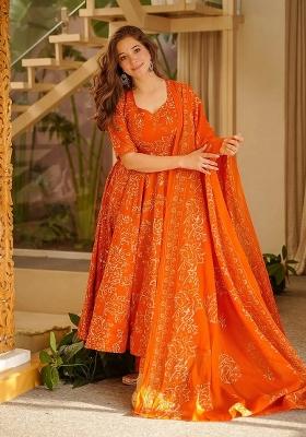 Orange Printed Silk Kurta Set
