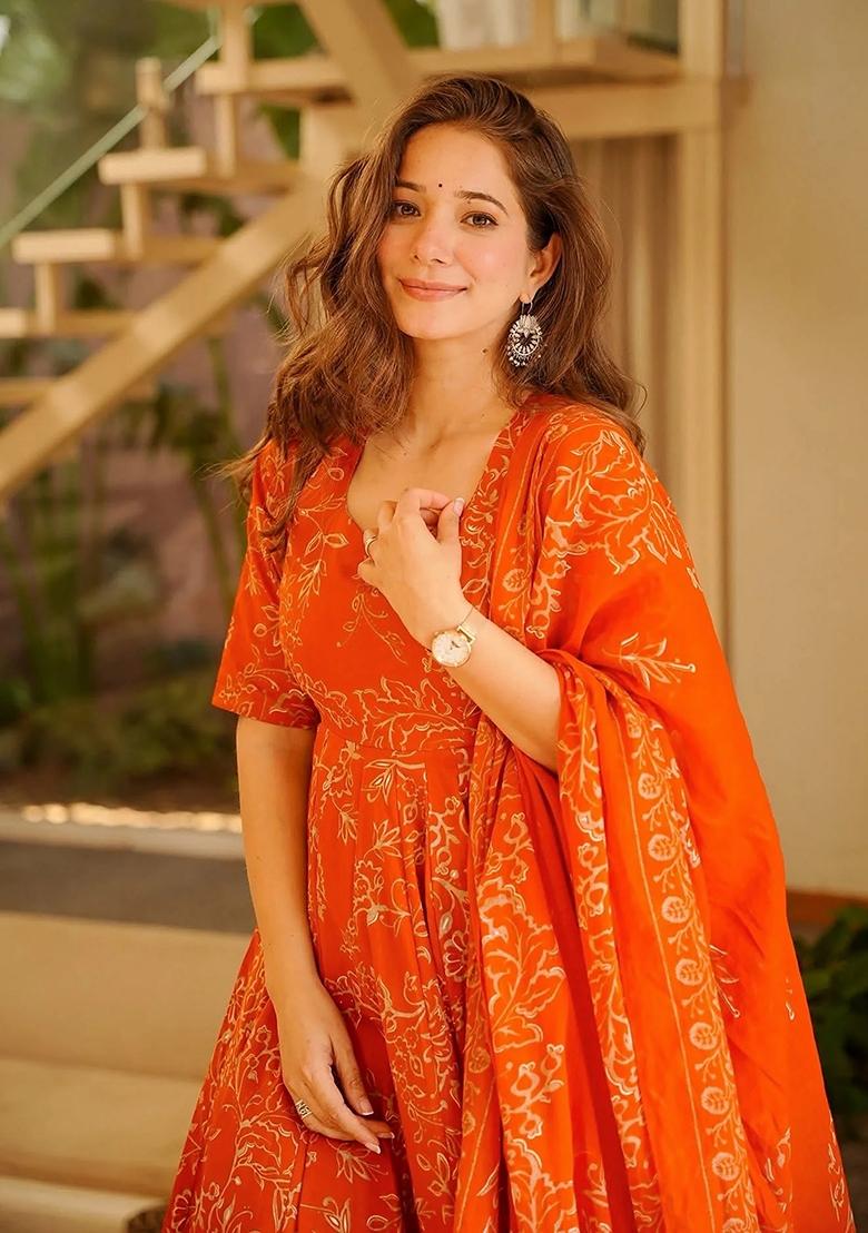 Orange Printed Silk Kurta Set - Indya