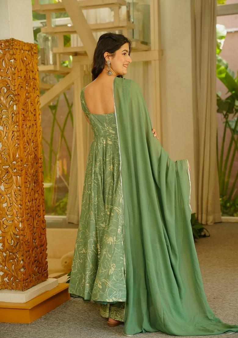 Green Printed Silk Kurta Set - Indya