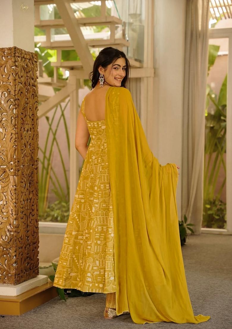 Olive Printed Silk Kurta Set - Indya