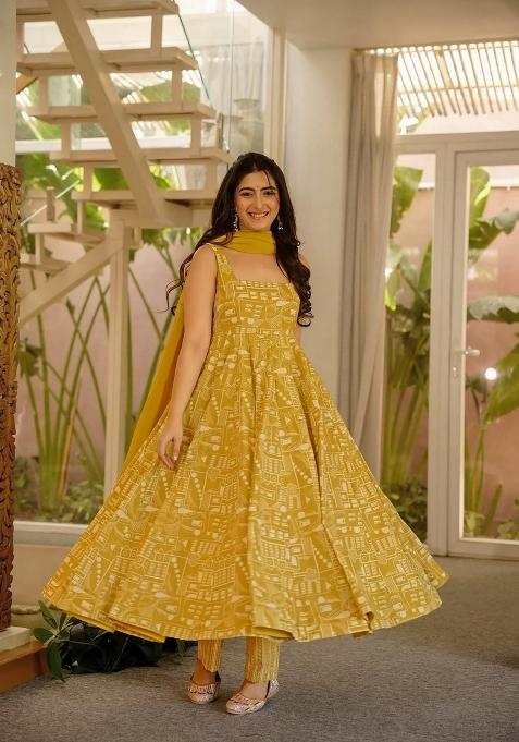 Olive Printed Silk Kurta Set