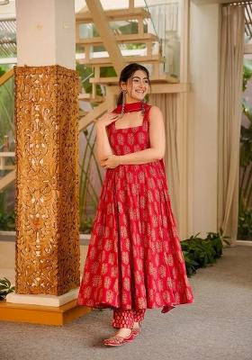 Red Printed Silk Kurta Set