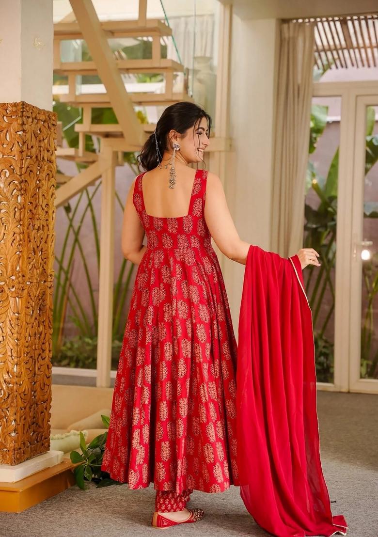 Red Printed Silk Kurta Set - Indya