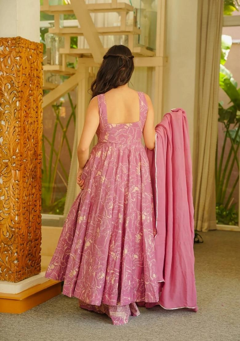 Pink Printed Silk Kurta Set - Indya