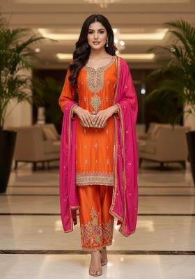Orange Embroidery Tissue Kurta Set