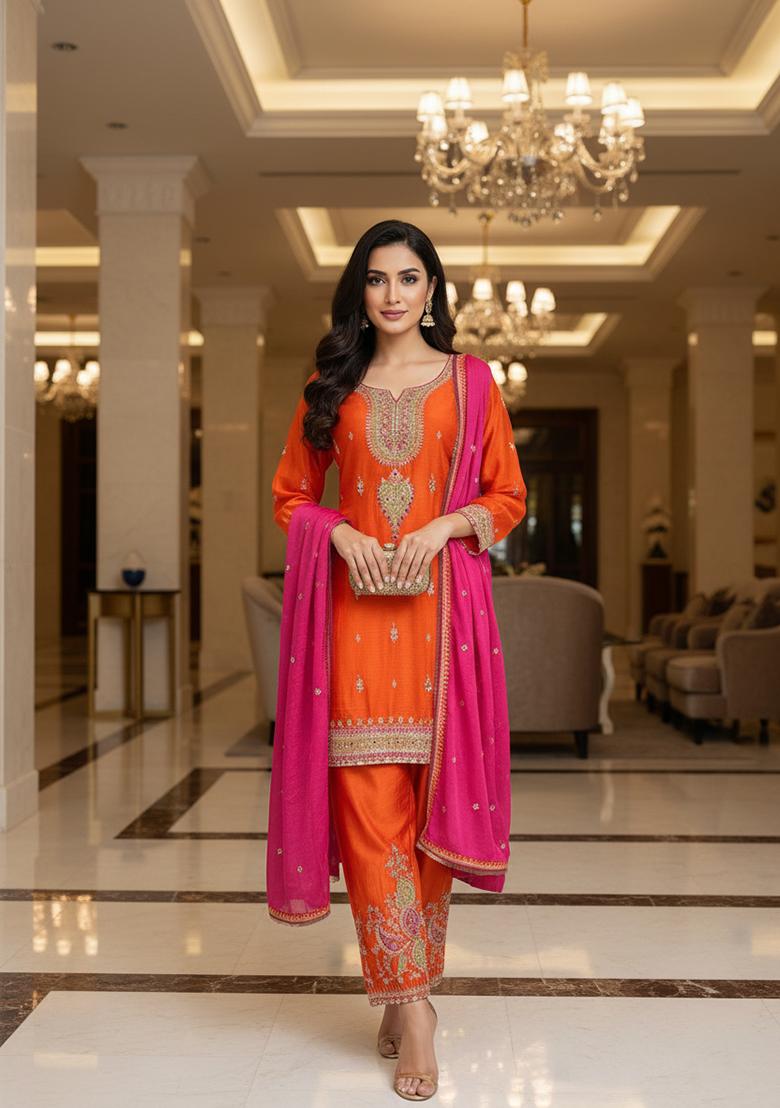Orange Embroidery Tissue Kurta Set - Indya