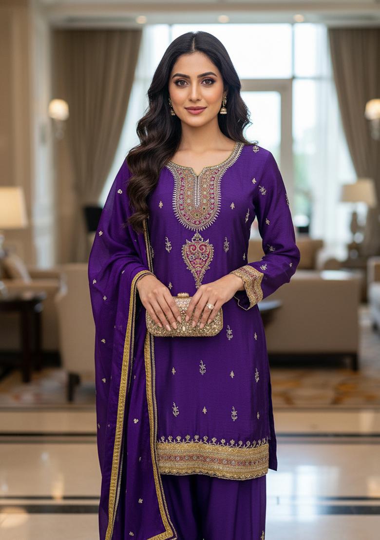 Purple Embroidery Tissue Kurta Set - Indya