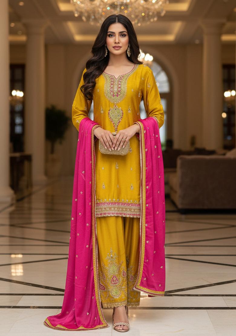 Yellow Embroidery Tissue Kurta Set - Indya