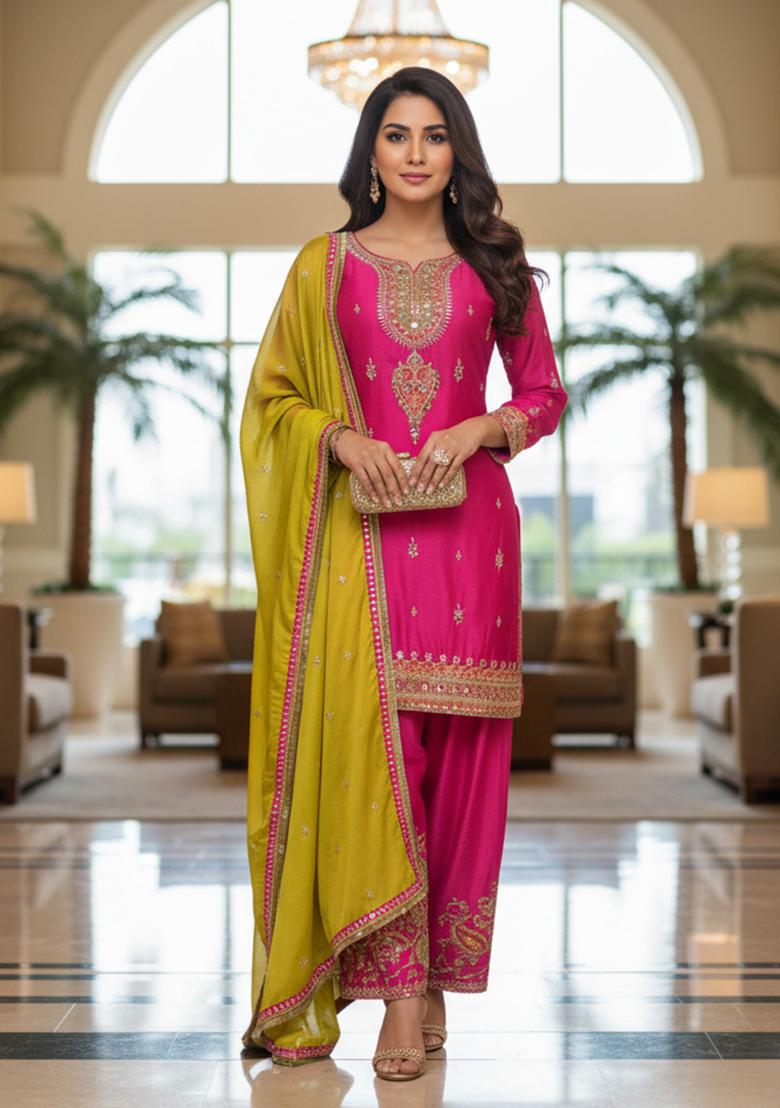 Pink Embroidery Tissue Kurta Set - Indya