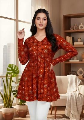 Red Printed Silk Kurta