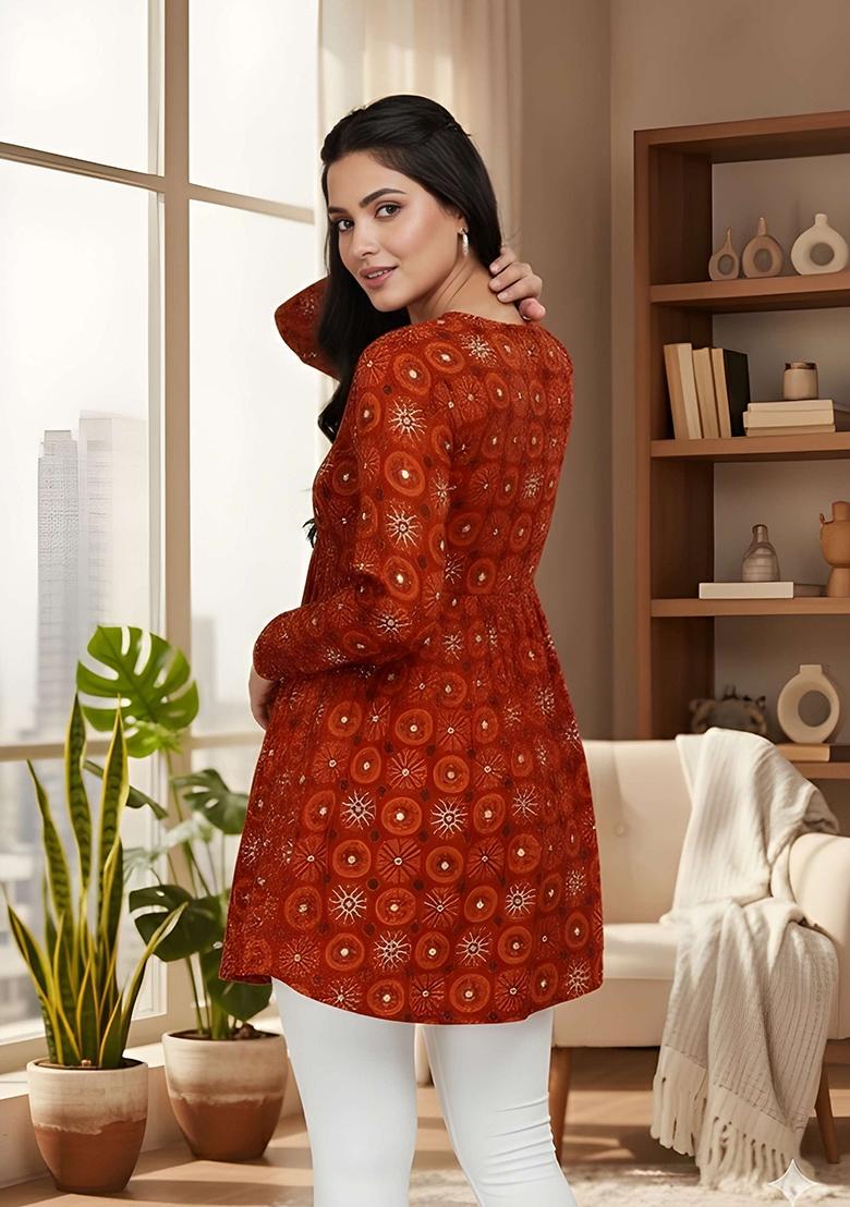 Red Printed Silk Kurta - Indya