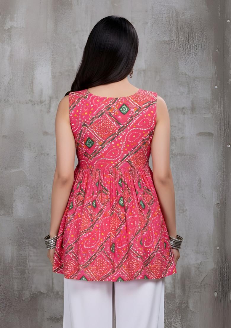 Pink Printed Silk Kurta - Indya