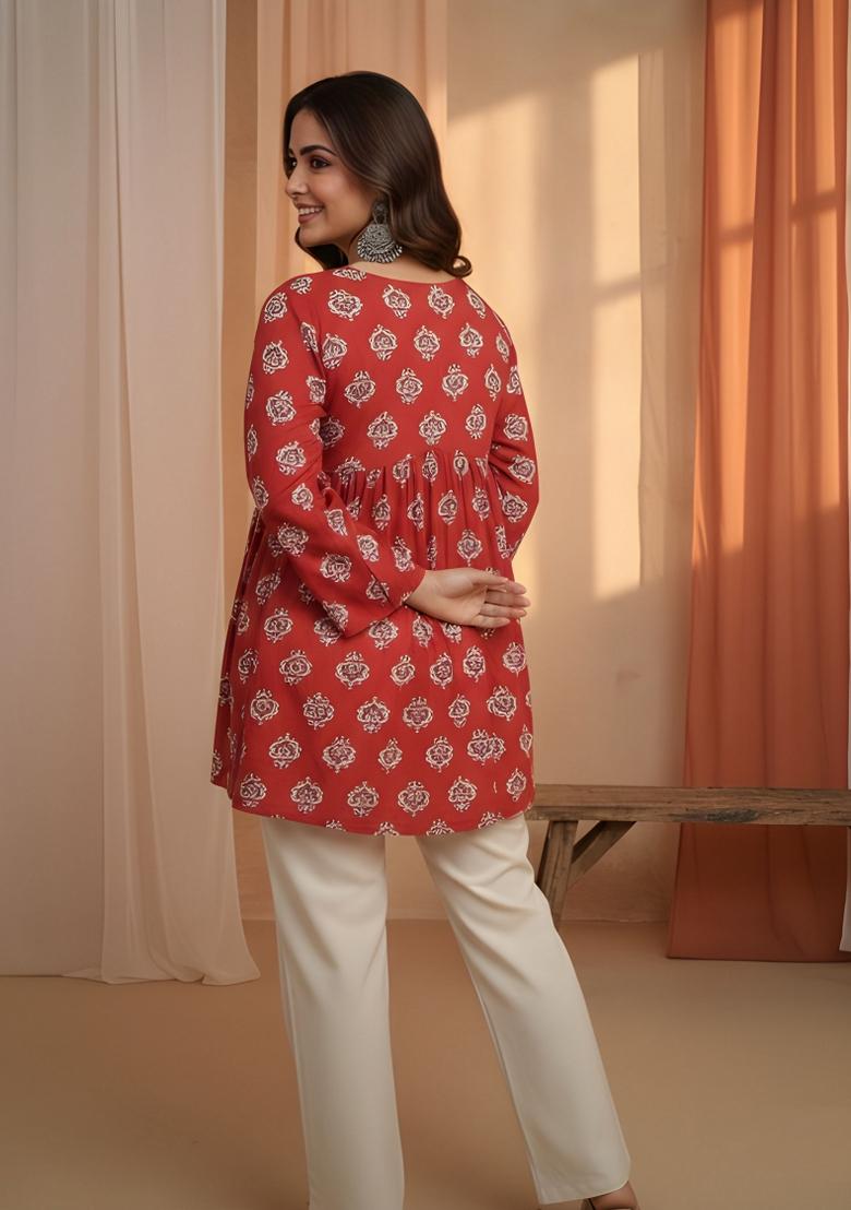 Red Printed Cotton Kurta - Indya