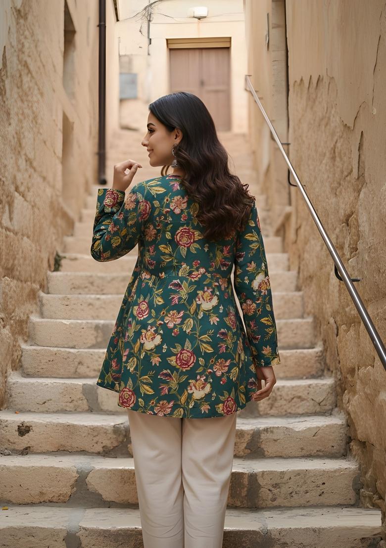 Green Printed Cotton Kurta - Indya