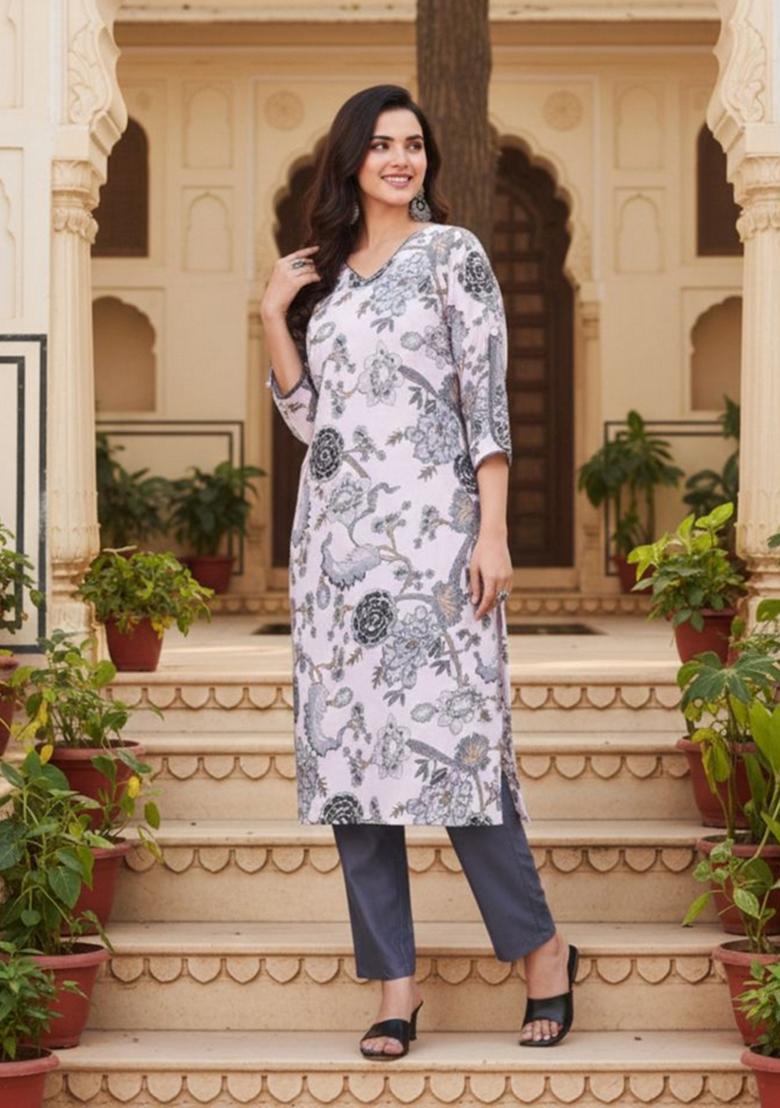 Off White Printed Rayon Kurta - Indya