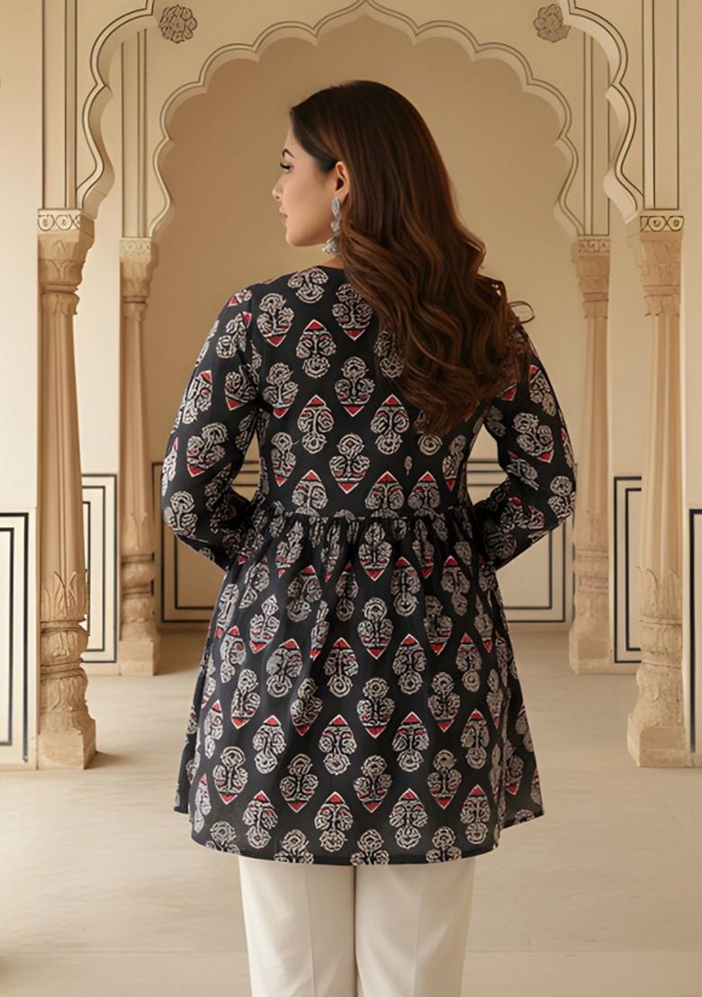 Black Printed Rayon Kurta - Indya