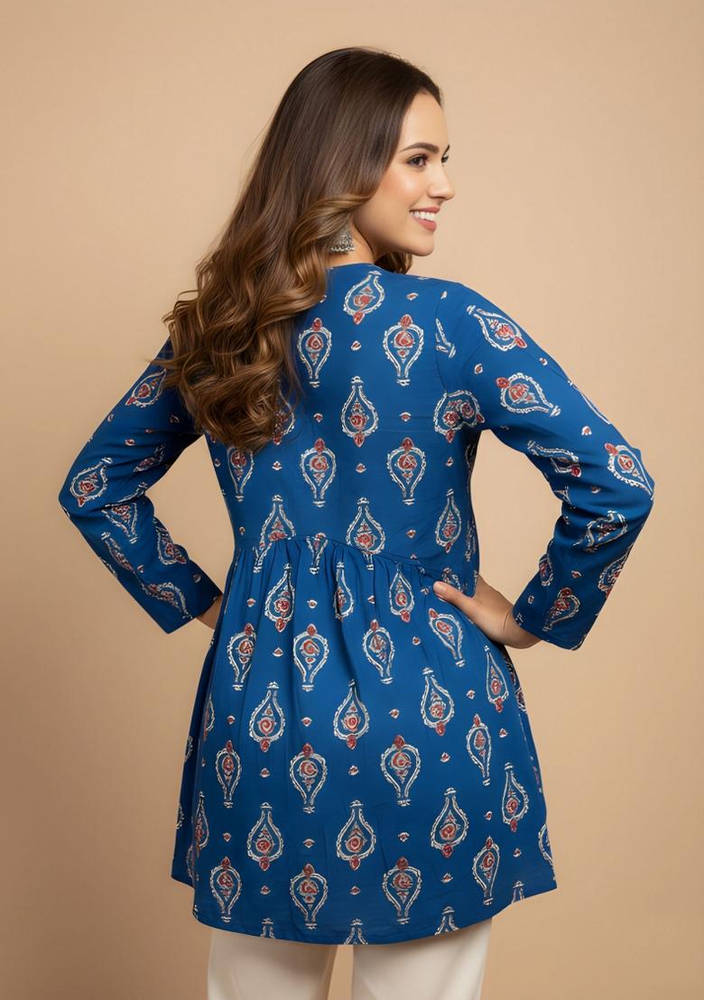 Blue Printed Cotton Kurta - Indya