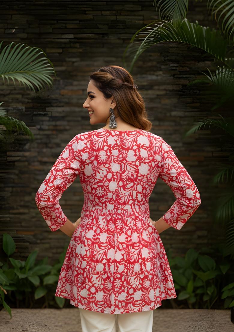 Red Printed Cotton Kurta - Indya