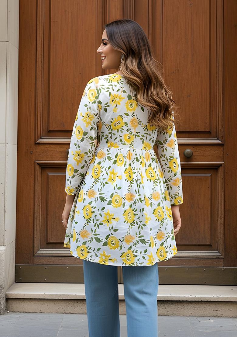 Yellow Printed Cotton Kurta - Indya