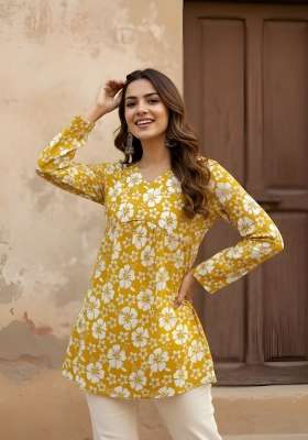 Mustard Printed Cotton Kurta